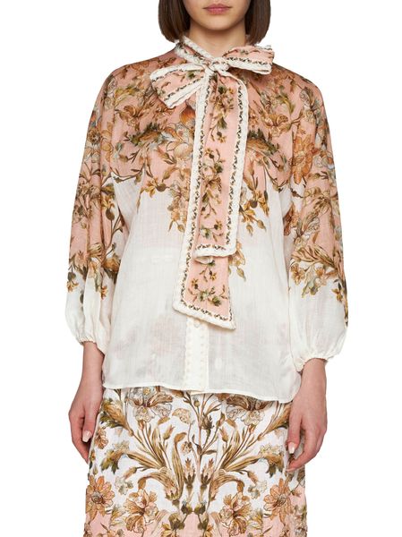 ZIMMERMANN Chintz Ramie Blouse with Embroidered Trimming, Floral Print, and Tie Neck Ribbon