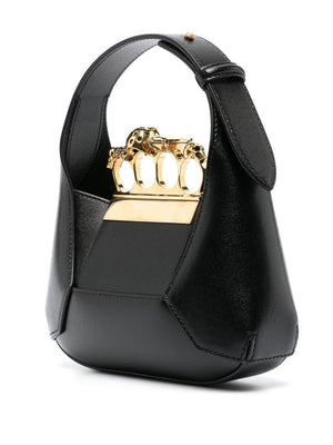 ALEXANDER MCQUEEN Mini Jewelled Hobo Handbag with Swarovski Rings and Gold Hardware - Black Leather