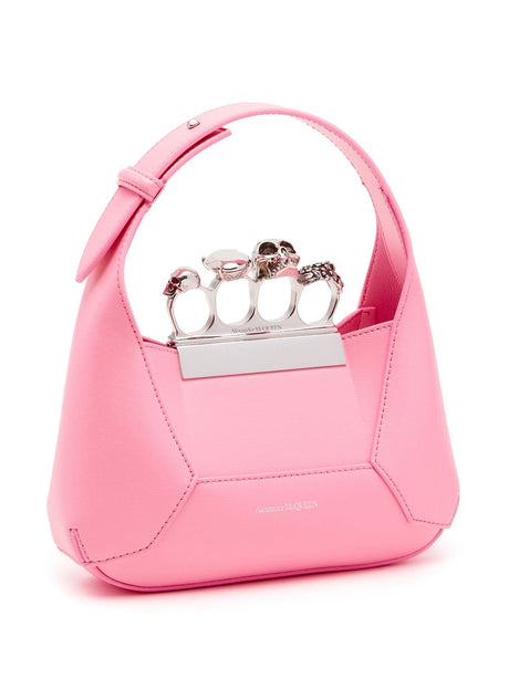 ALEXANDER MCQUEEN Mini Jeweled Hobo Leather Handbag in Flamingo Pink with Swarovski Crystals and Adjustable Straps
