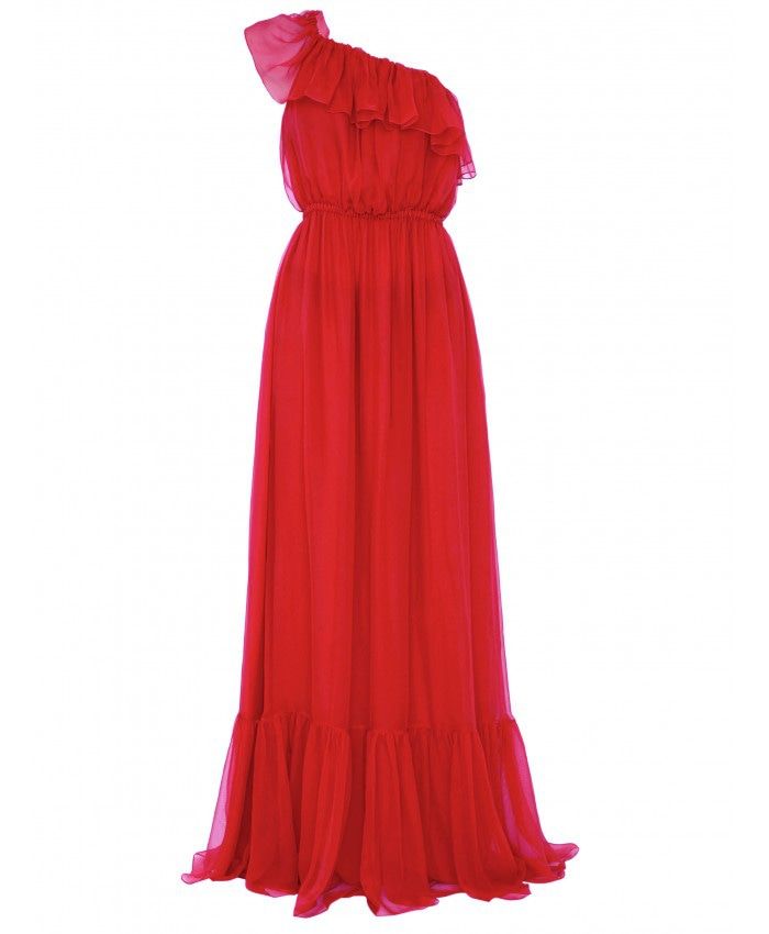 红色丝绸单肩连衣裙