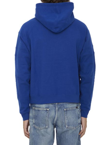 Áo hoodie nam vải cotton màu xanh dương với bo cổ tay và mép đối lập