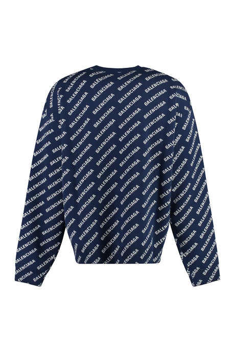 Men's Balenciaga Blue Crew-Neck Sweater with All-Over Jacquard Logo