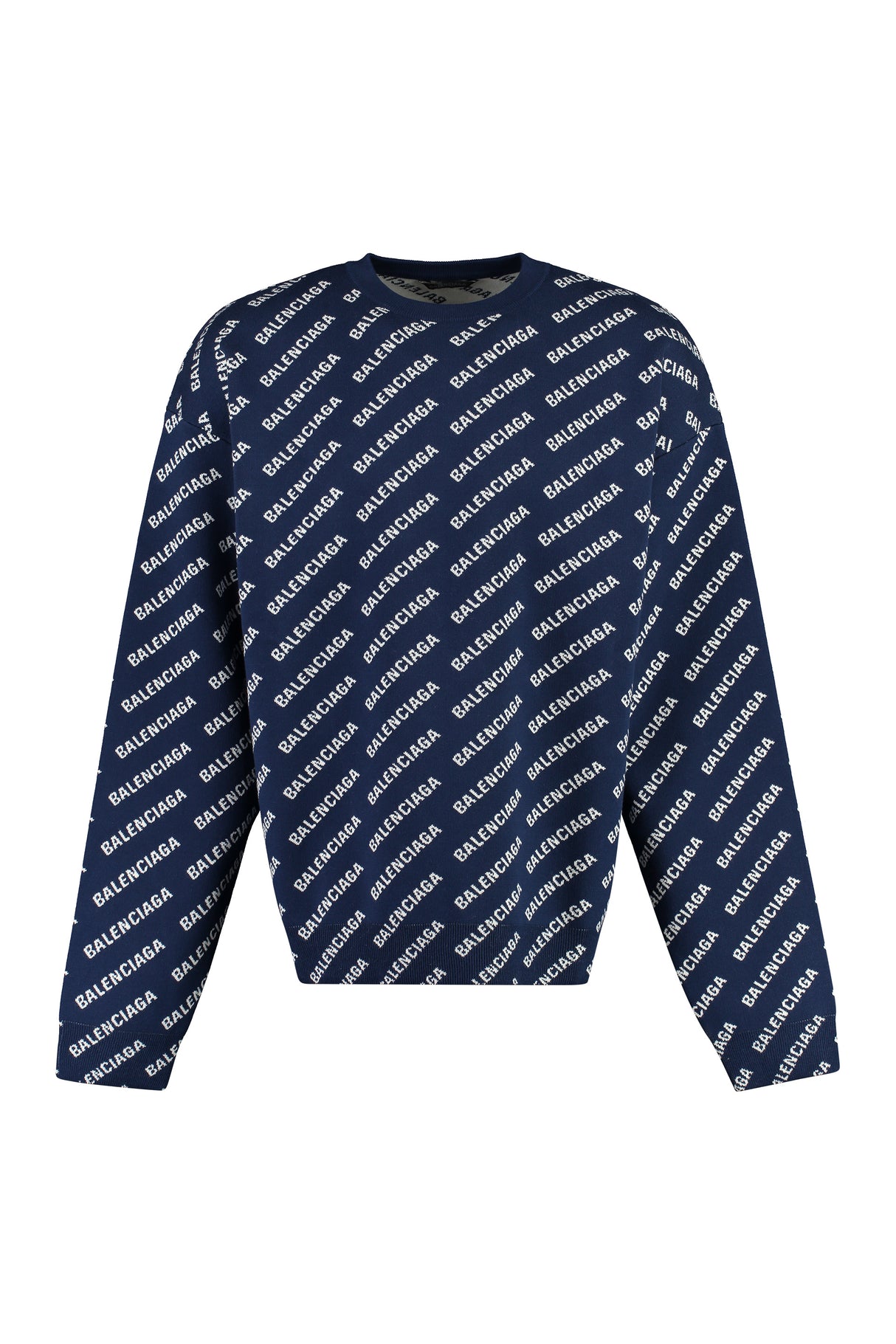 Men's Balenciaga Blue Crew-Neck Sweater with All-Over Jacquard Logo