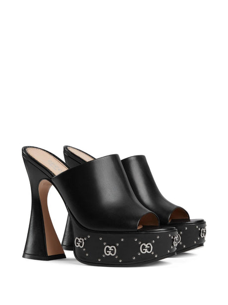 GUCCI Black Leather High Heel Pumps with Silver Stud Detailing