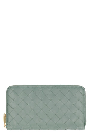 BOTTEGA VENETA Intrecciato Zip Around Wallet - Woven Leather, Top Zippered Closure, Green