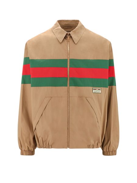 Saddle Brown Cotton Jacket for Men with Green-Red-Green Web Detail and Front Pockets