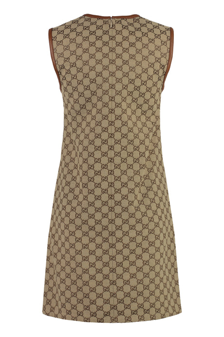 GG 布料迷你連衣裙 - 米色皮革飾邊與標誌扣子