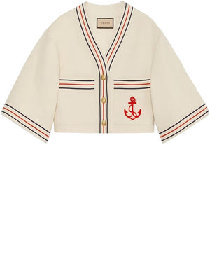 GUCCI White Embellished Linen Shirt for Women with Blue and Red Web Detail