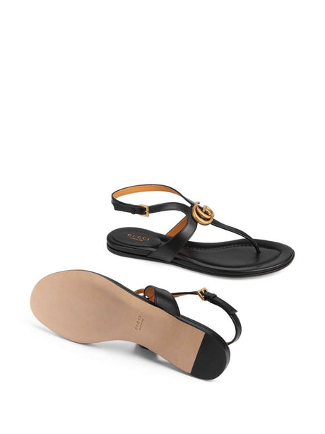 GUCCI Black Leather Double G Thong Sandals for Women