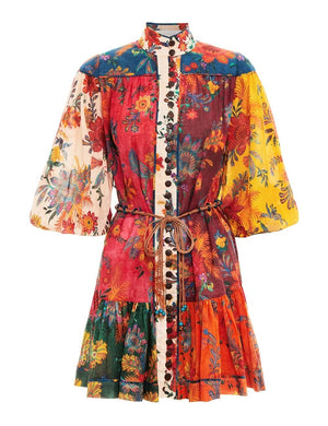 Multicolor Paisley Mini Dress with Balloon Sleeves