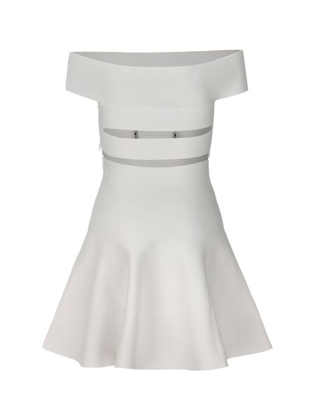 Váy Mini Viscose Cắt Tạo Mẫu Điểm Sáng Màu Trắng Cùng Đường Cơ Đúc Kim Loại và Vạt Choàng