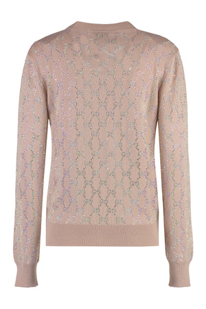 GUCCI Luxury Pale Pink Wool V-Neck Sweater with Crystal Details