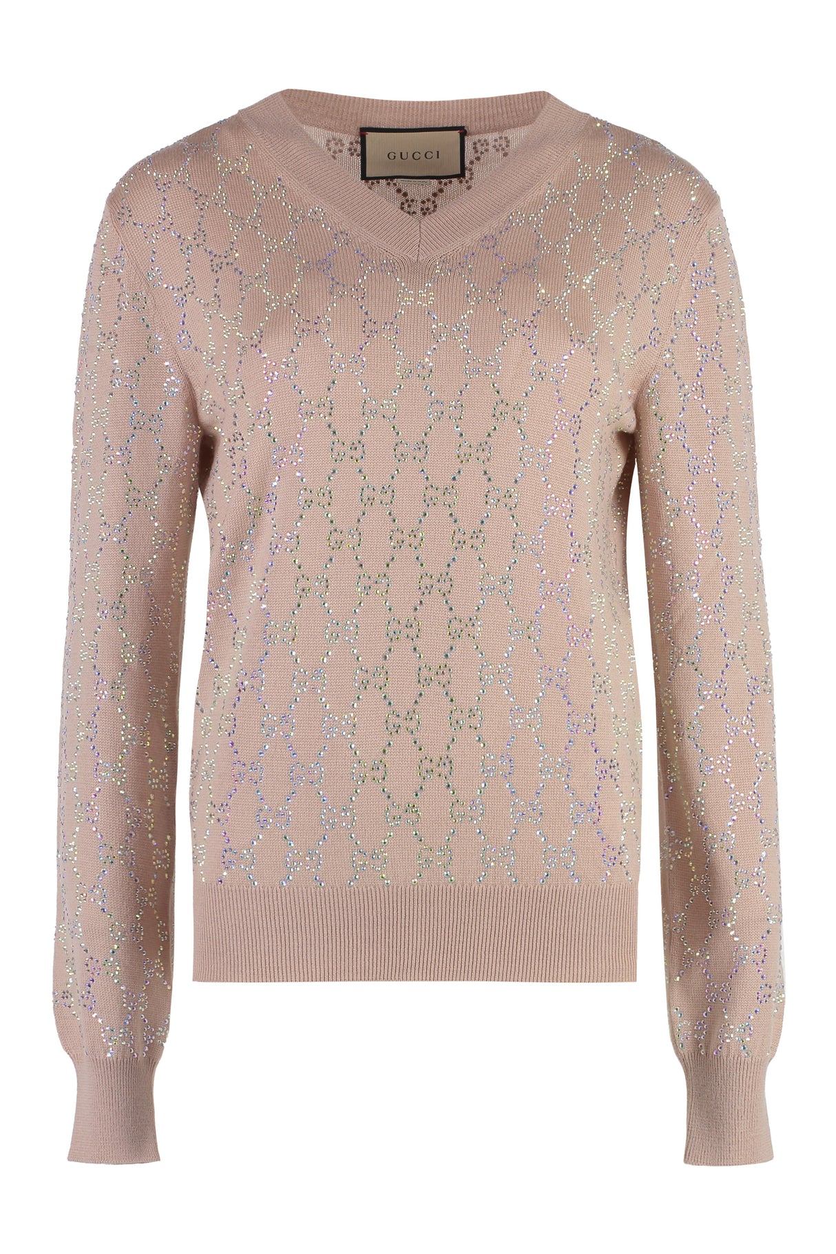 GUCCI Luxury Pale Pink Wool V-Neck Sweater with Crystal Details