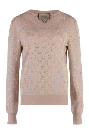 Pale Pink Crystal Embellished V-Neck Sweater for Women
