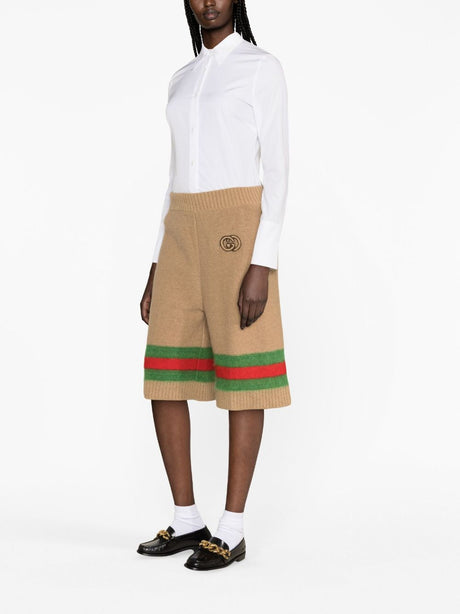 GUCCI Beige High Waist Knit Shorts with Web Stripe Trim and Interlocking G Logo