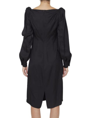 Knotted Black Midi Dress with Buttoned Sleeves - Regular Fit