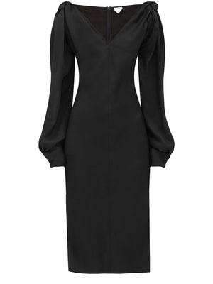 Knotted Black Midi Dress with Buttoned Sleeves - Regular Fit