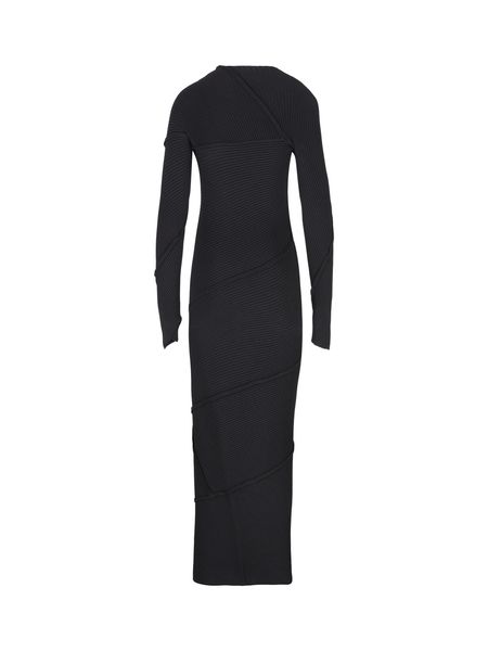 Black Spiral Maxi Dress with Visible Stitching and Ribbed Design
