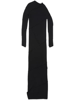 Asymmetric Neck and Hem Black Ribbed Maxi Dress