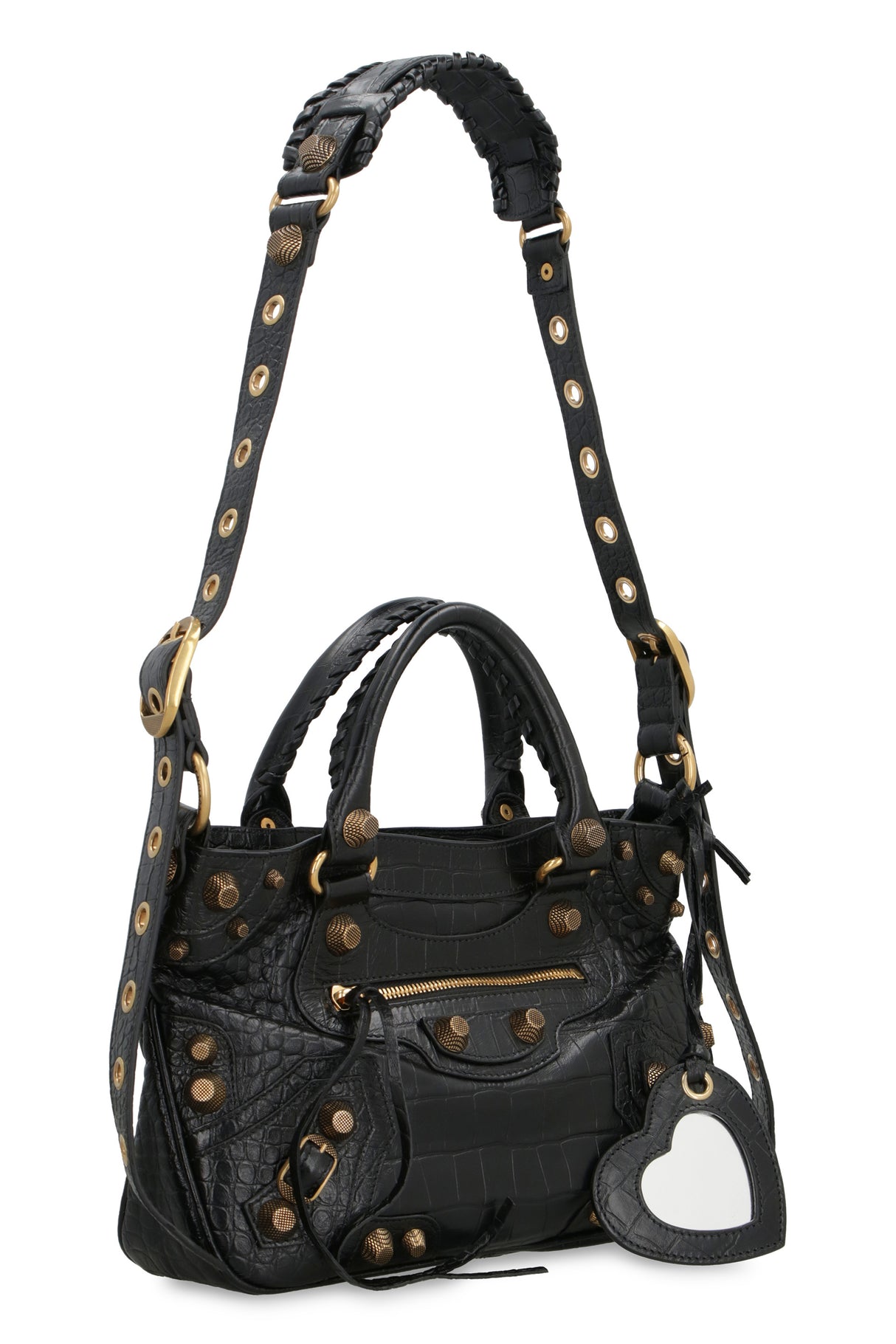 BALENCIAGA Chic Black Leather Medium Tote with Decorative Studs and Buckles, Zippered Compartments & Adjustable Strap