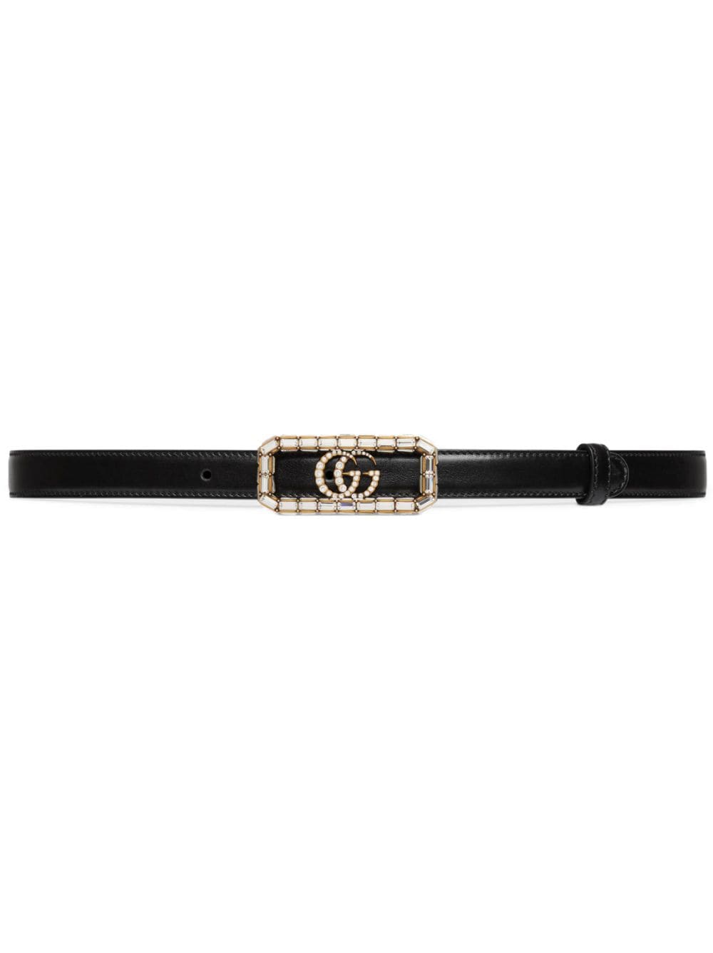 Luxurious Black Leather Belt with Crystal-Embellished Double G Logo Buckle