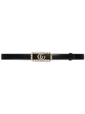 Luxurious Black Leather Belt with Crystal-Embellished Double G Logo Buckle