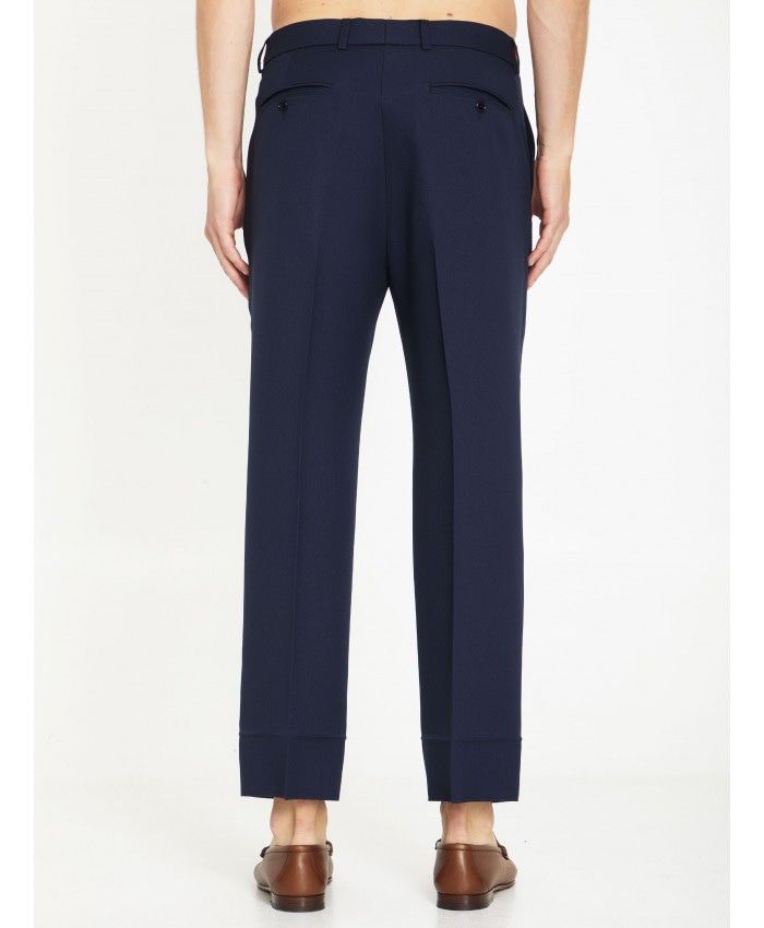 GUCCI Navy Blue Fluid Drill Trousers with Green and Red Web Elastic Detail for Men