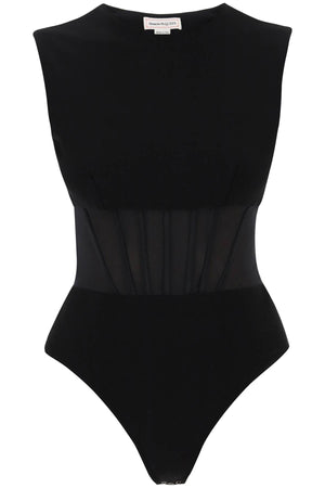 黑色亚历山大·麦昆女装FW23独特混合衣身娇腰点缀的连身衣
