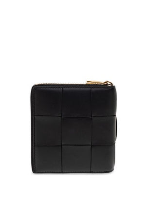 Black Compact Wallet with Intreccio Pattern - Women's Small Leather Goods