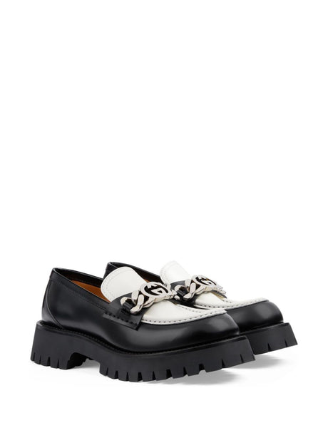 GUCCI Black Leather Loafers for Women with Contrast Detail and Lug Sole