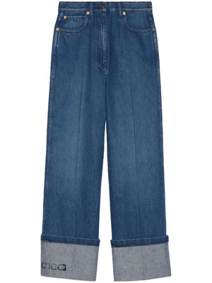 GUCCI Blue Washed Denim Wide Leg Jeans with Logo Print Detail