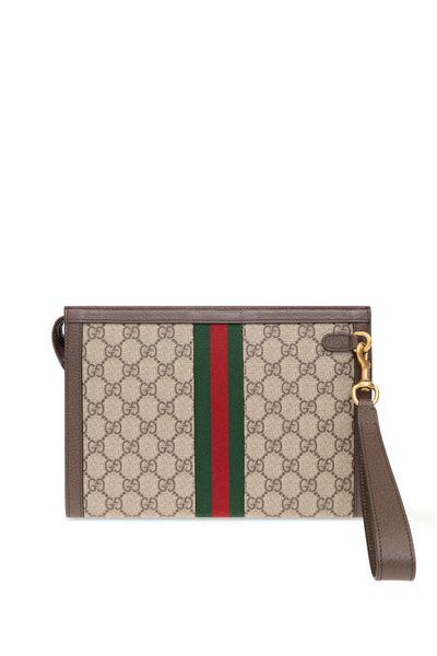GUCCI Designer Tan GG Pouch for Men: OPHIDIA Clutch with Gold-Tone Double G