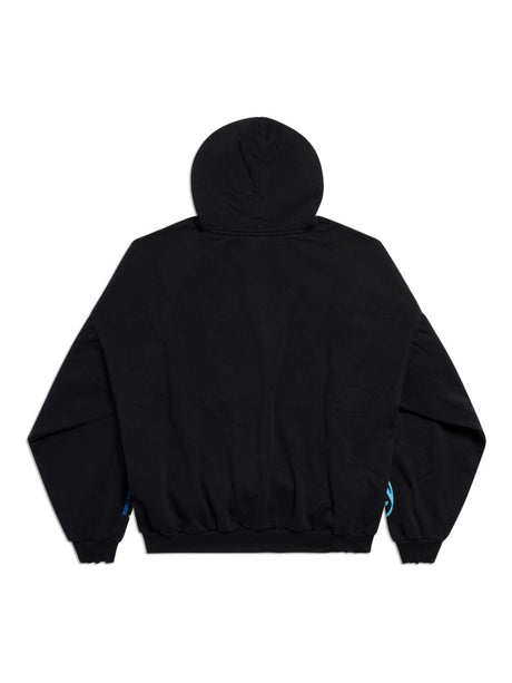 BALENCIAGA Cotton Hoodie for Men in Black with Logo Prints and Pouch Pocket
