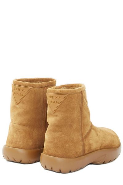 BOTTEGA VENETA Classic Camel Suede Ankle Boots with Back Logo Patch and Shearling Lining