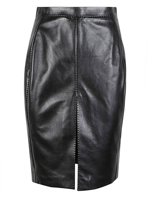 Black Leather Midi Skirt with Hidden Zipper and Front Slit