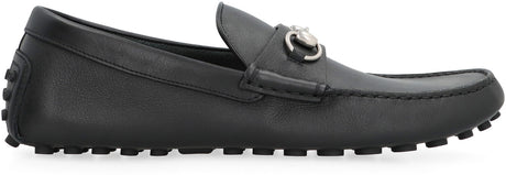 GUCCI Black Leather Loafers with Metal Horsebit Detail