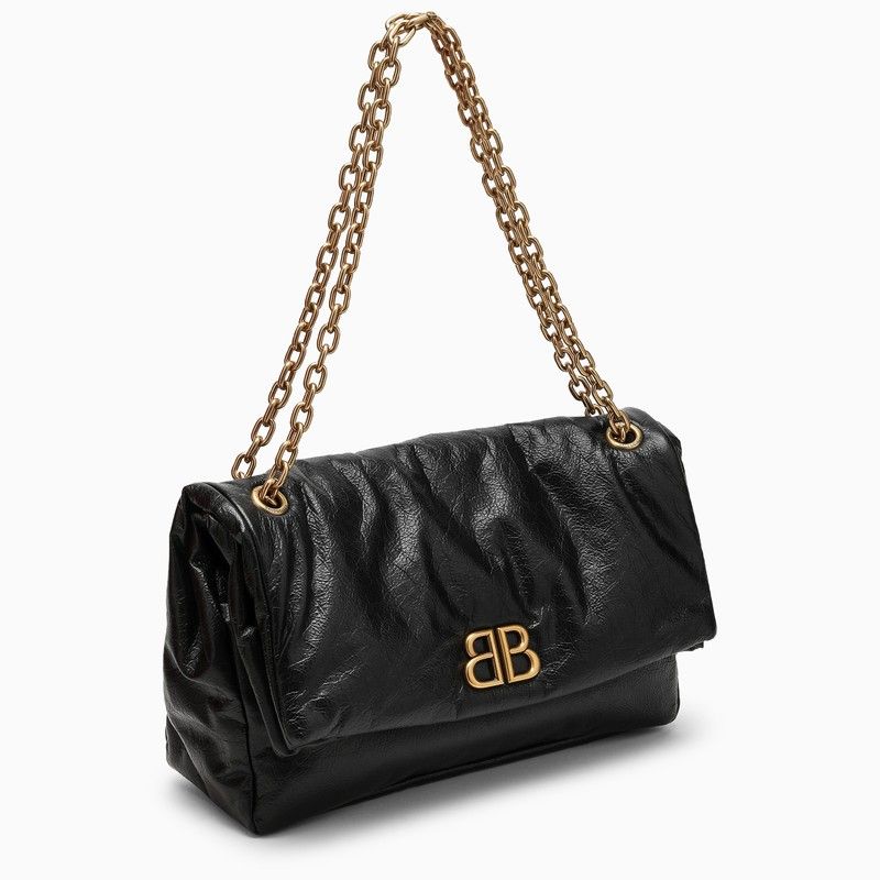BALENCIAGA Black Monaco Medium Chain Shoulder Bag in Calfskin with Antique-Gold Hardware, 32.5x22x9.9 cm