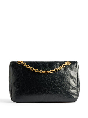 BALENCIAGA Mini Monaco Black Calfskin Shoulder Bag with Antique-Gold Accents, 11x7x4 inches