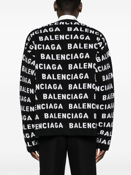 BALENCIAGA Men's Black and White Wool Blend V-Neck Cardigan | Sustainable Fashion