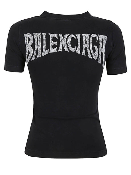 熱帶風情黑色女士 T 恤 - 短袖，圓領，品牌 Logo，合身