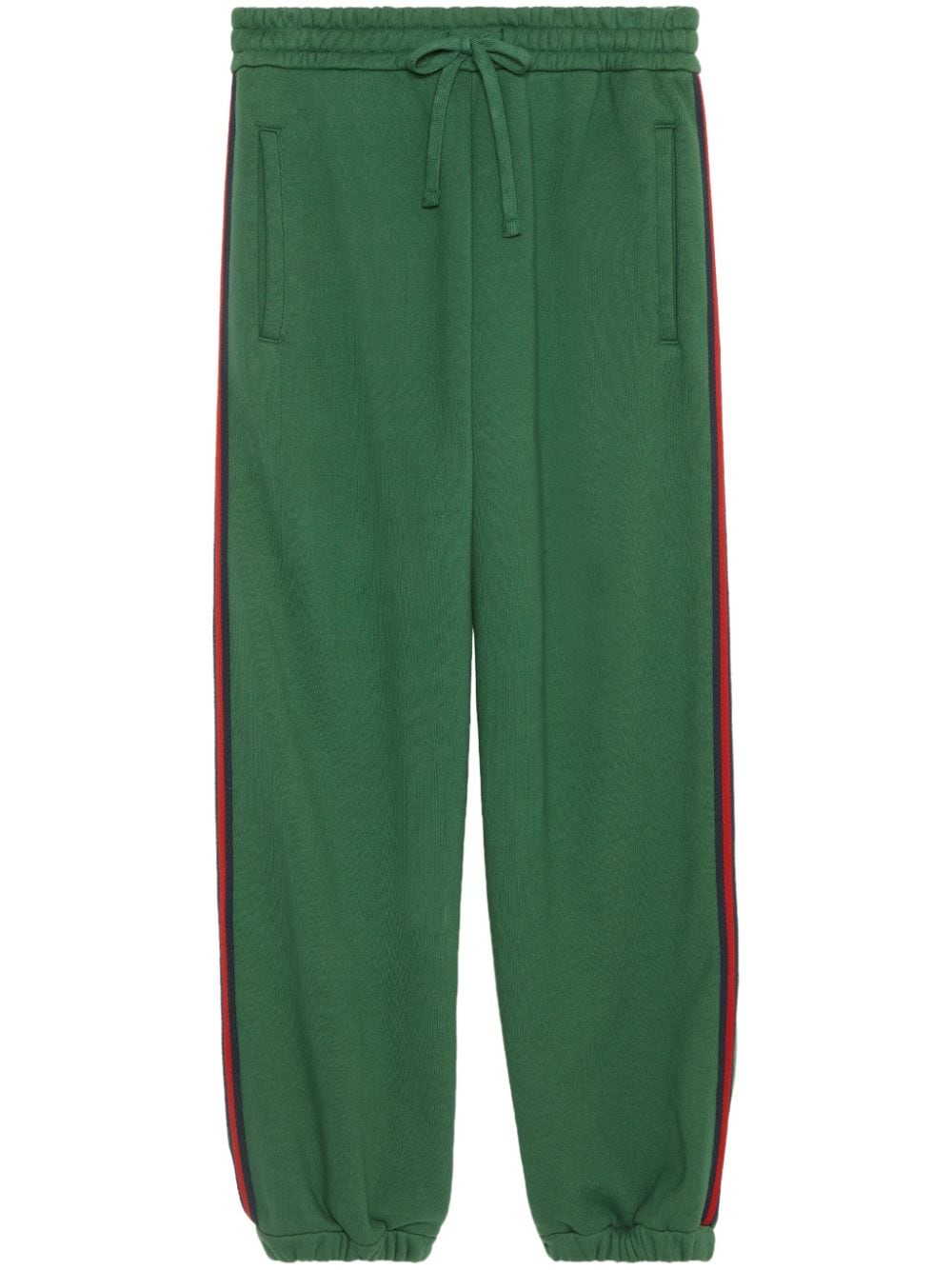 绿色高档棉质运动裤，经典标志绣花和网带装饰