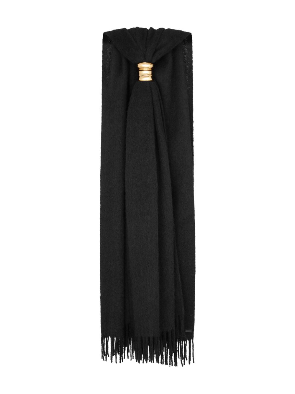 Black Fringed Scarf with Gold Hardware and Ring Design