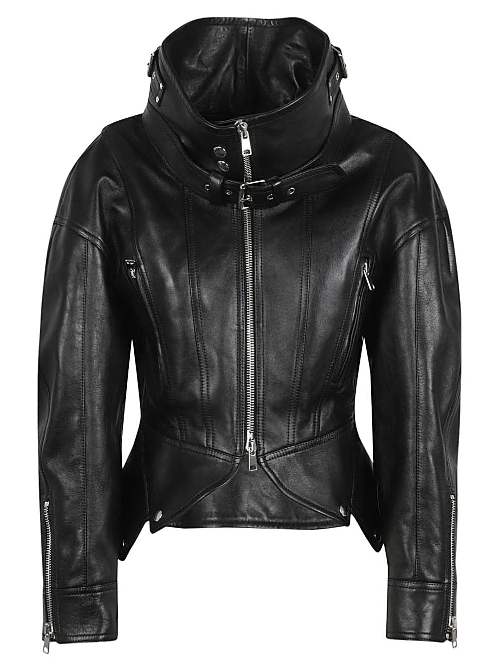 ALEXANDER MCQUEEN Black Leather Biker Jacket for Women in FW23