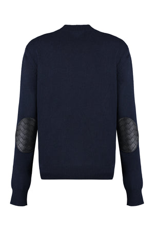 Blue Cashmere Sweater with Leather Elbow Patches and Ribbed Edges
