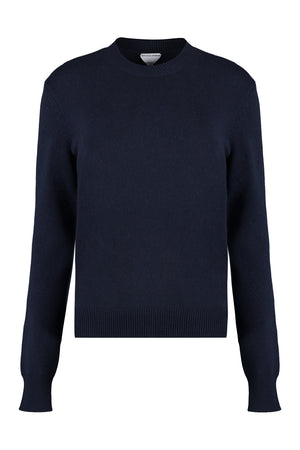 Blue Cashmere Sweater with Leather Elbow Patches and Ribbed Edges
