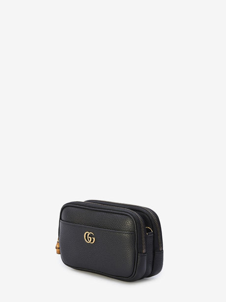 GUCCI Black Leather Mini Crossbody Handbag with Gold-Tone Double G and Bamboo Accents, 18x12x6 cm