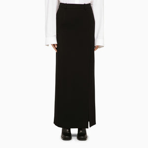 黑色羊毛直筒長裙 － 側拉鍊與腰帶環設計