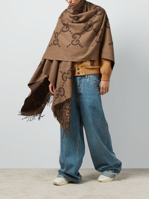 GUCCI Women's GG Wool Poncho - Signature Print, Long Sleeve, Reversible, Fringed Hem