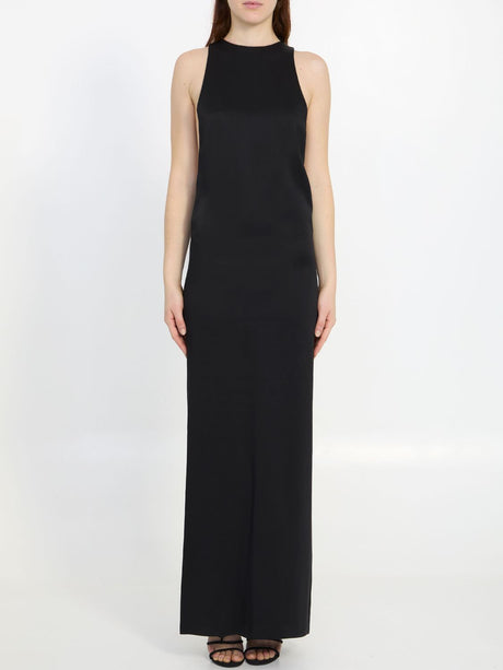 SAINT LAURENT Black Crepe Satin Dress with Back-Tie and Semi-Open Back for Women