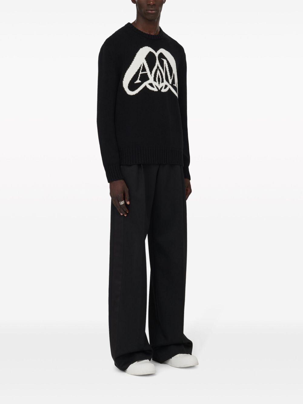 カッコイイ男性用インターシアコットンスウェットシャツ - ブラック＆ホワイトのデザイナーニットウェア